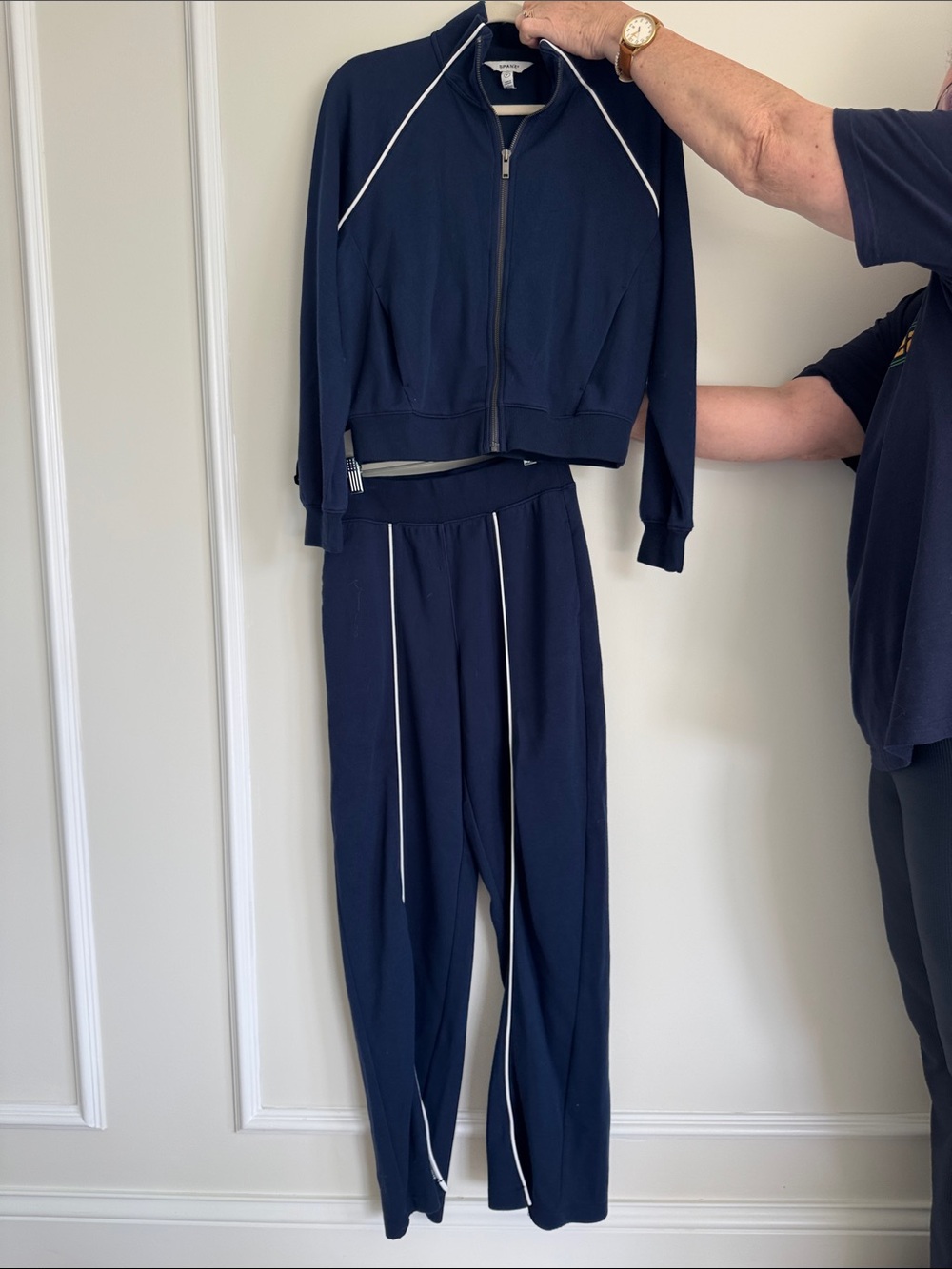 SPANX Navy Track Jacket and Jogger Set with White Piping